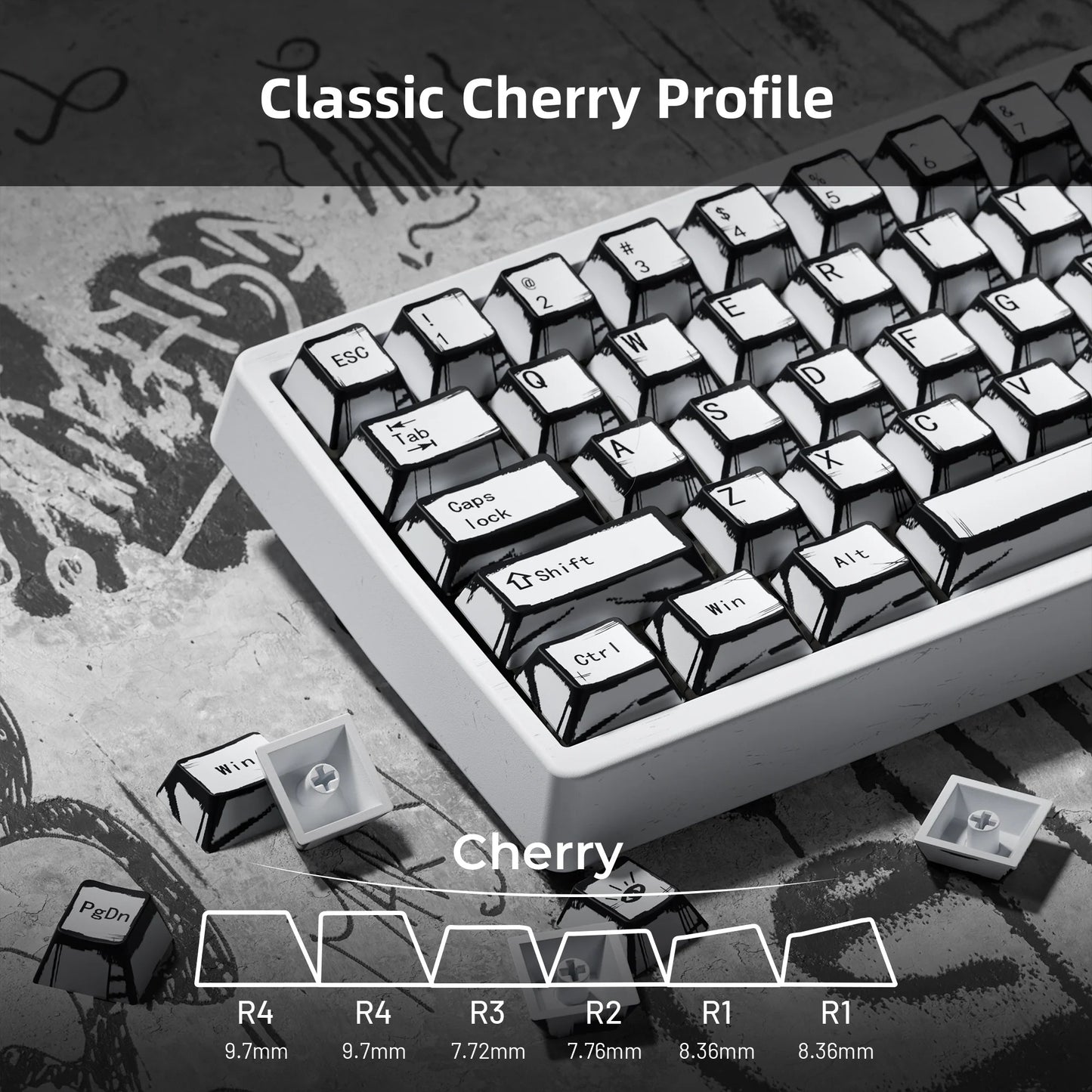 White classic cherry-profile keycaps with black legends and a few colored keys