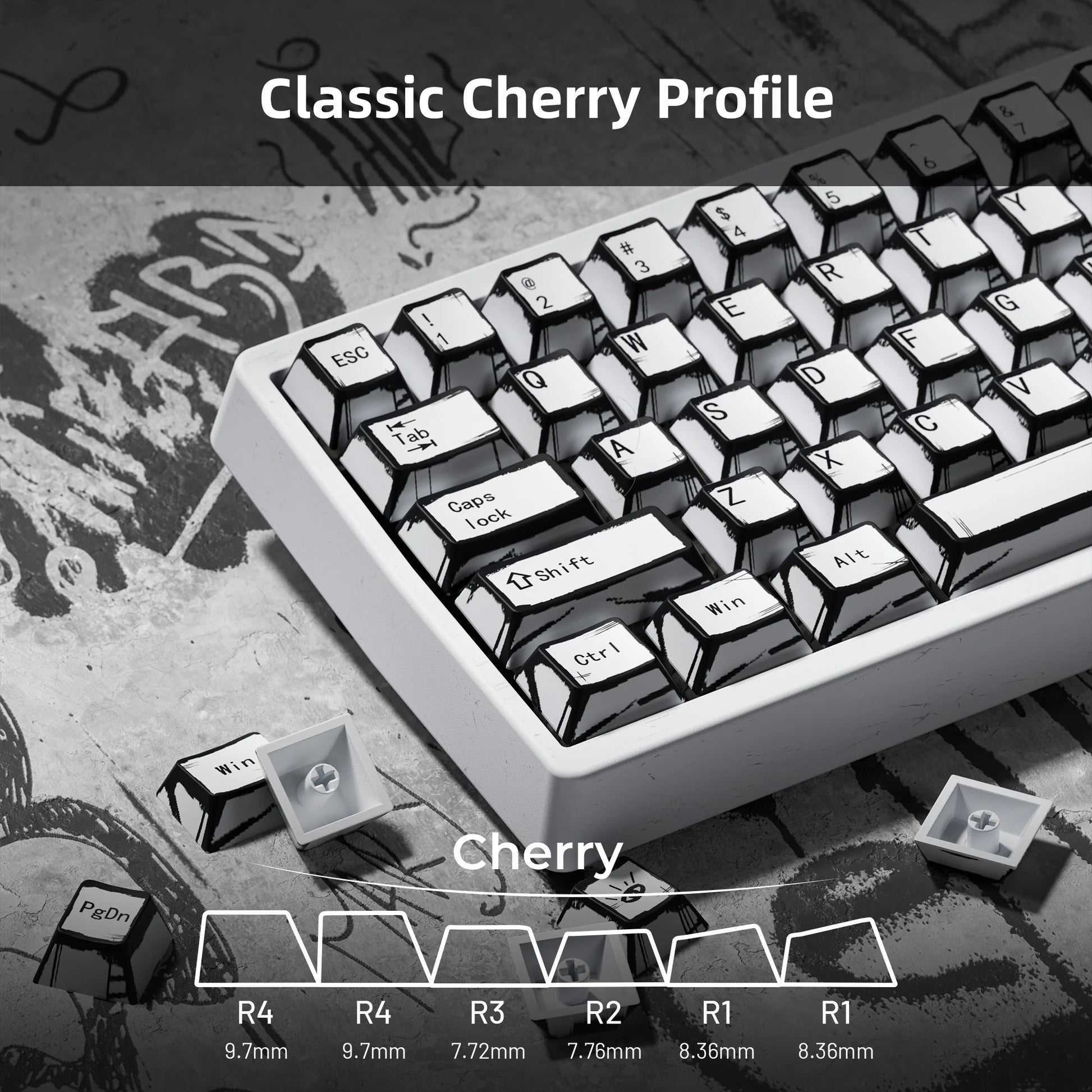 White classic cherry-profile keycaps with black legends and a few colored keys