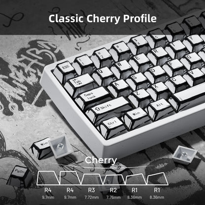 White classic cherry-profile keycaps with black legends and a few colored keys