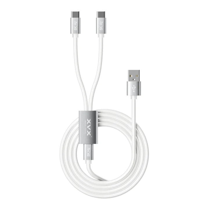 White USB 1-to-2 split cable with molded housings and strain-relief cuffs