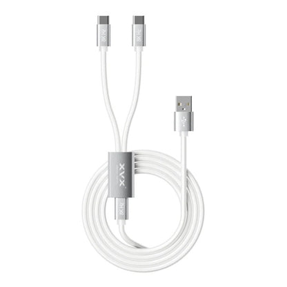 White USB 1-to-2 split cable with molded housings and strain-relief cuffs