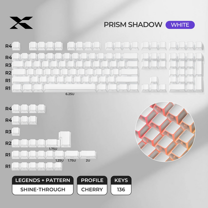 White Prism Shadow keycap set with red-orange backlit geometric pattern