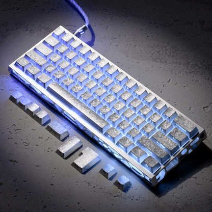 Transparent keycaps with angular textured surface and blue backlight