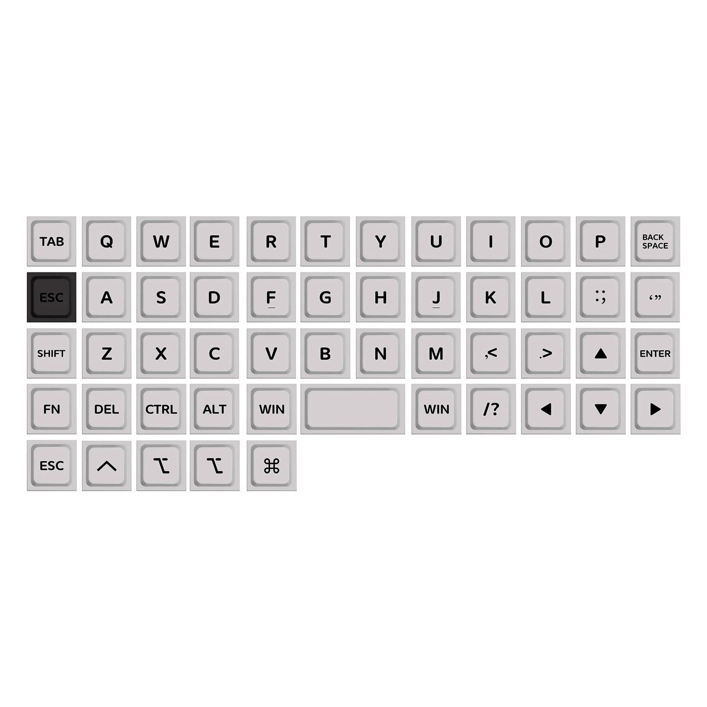 Low-profile keycaps set with light-gray keycaps and visible Tab, QWERTY, and Win keys
