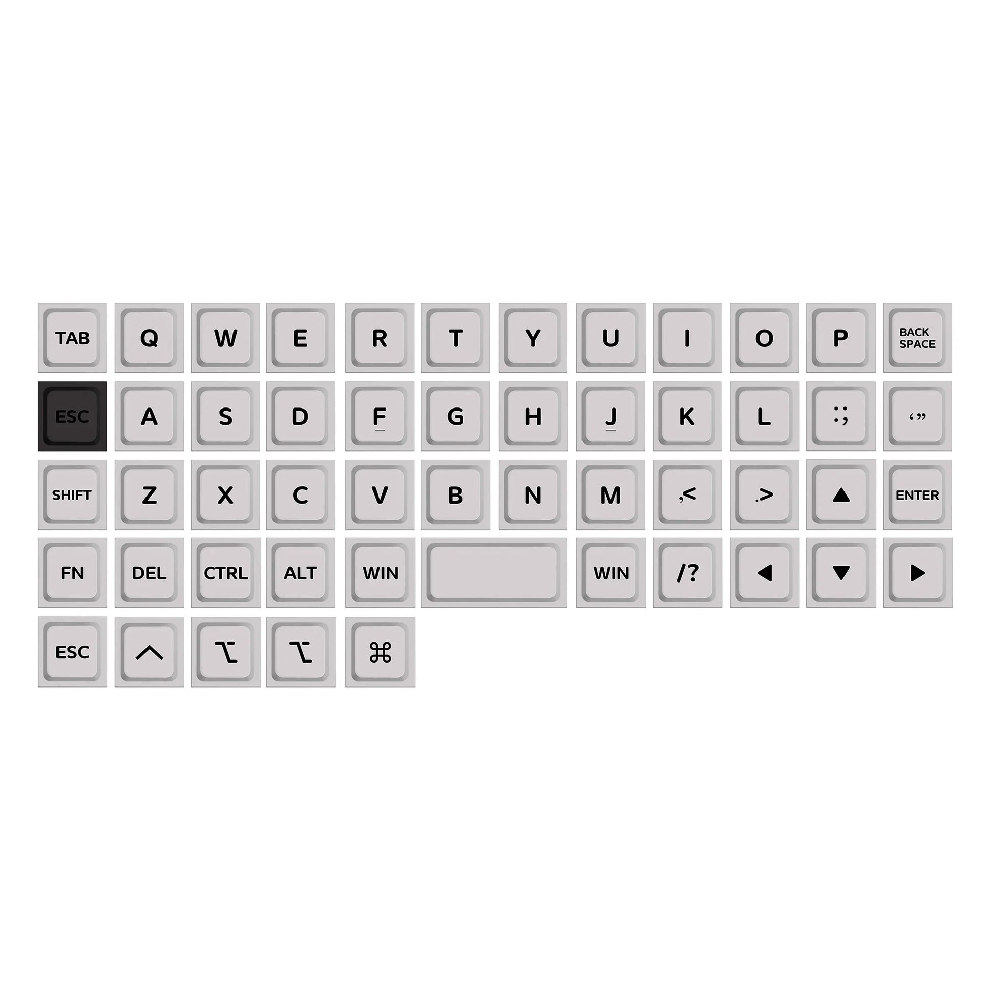 Low-profile keycaps set with light-gray keycaps and visible Tab, QWERTY, and Win keys