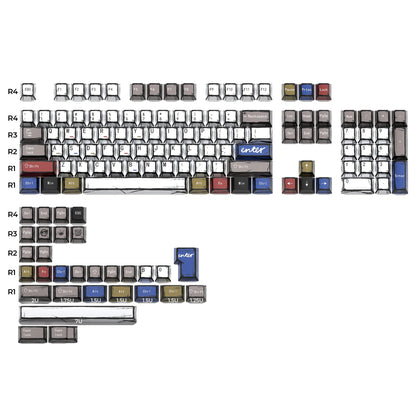 Mixed gray and black keycaps with assorted colored accent keys, key layout diagram