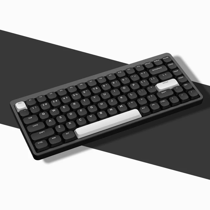 Low-profile mechanical keyboard with black keycaps and light shine-through legends