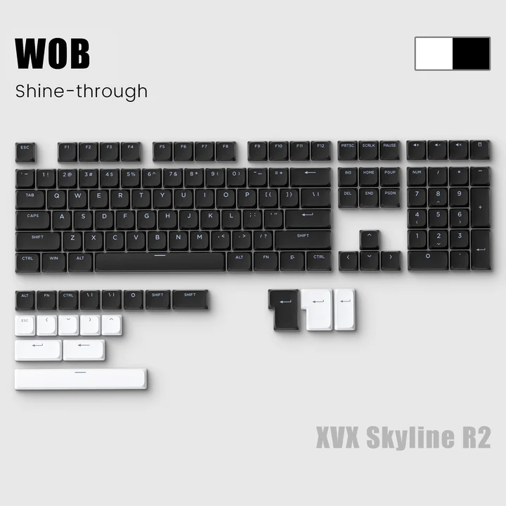 Low-profile mechanical keyboard, dark keys with light shine-through legends