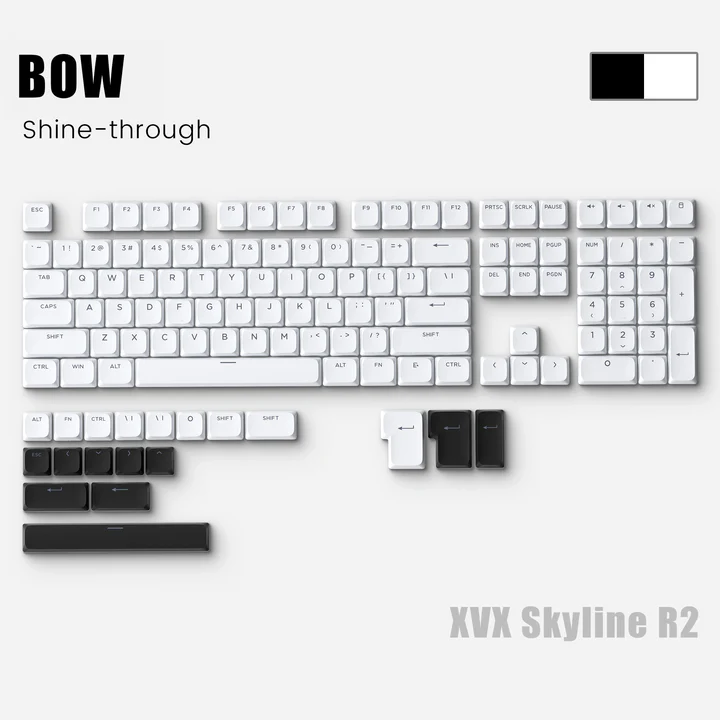 Low-profile mechanical keyboard, light keys with dark shine-through legends