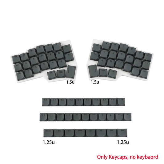 Dark low-profile MX keycaps showing 1.25u and 1.5u key sizes on white pieces
