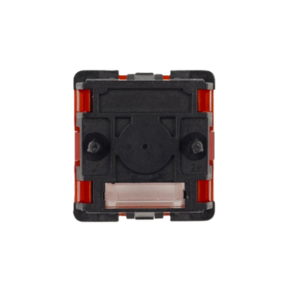 Mechanical key switch rear housing view with red side clips and black plate