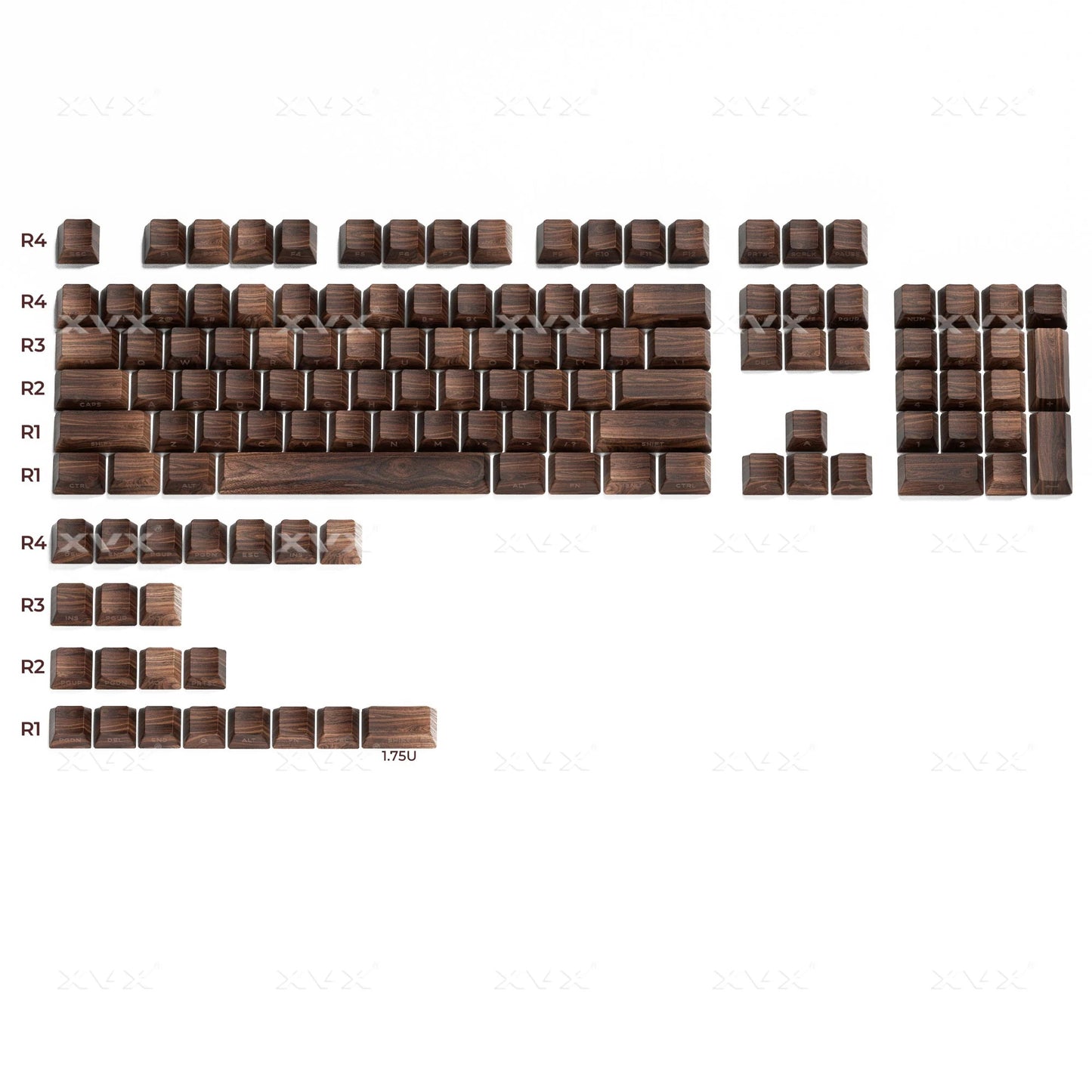 Walnut brown keycap set layout chart with stepped key rows