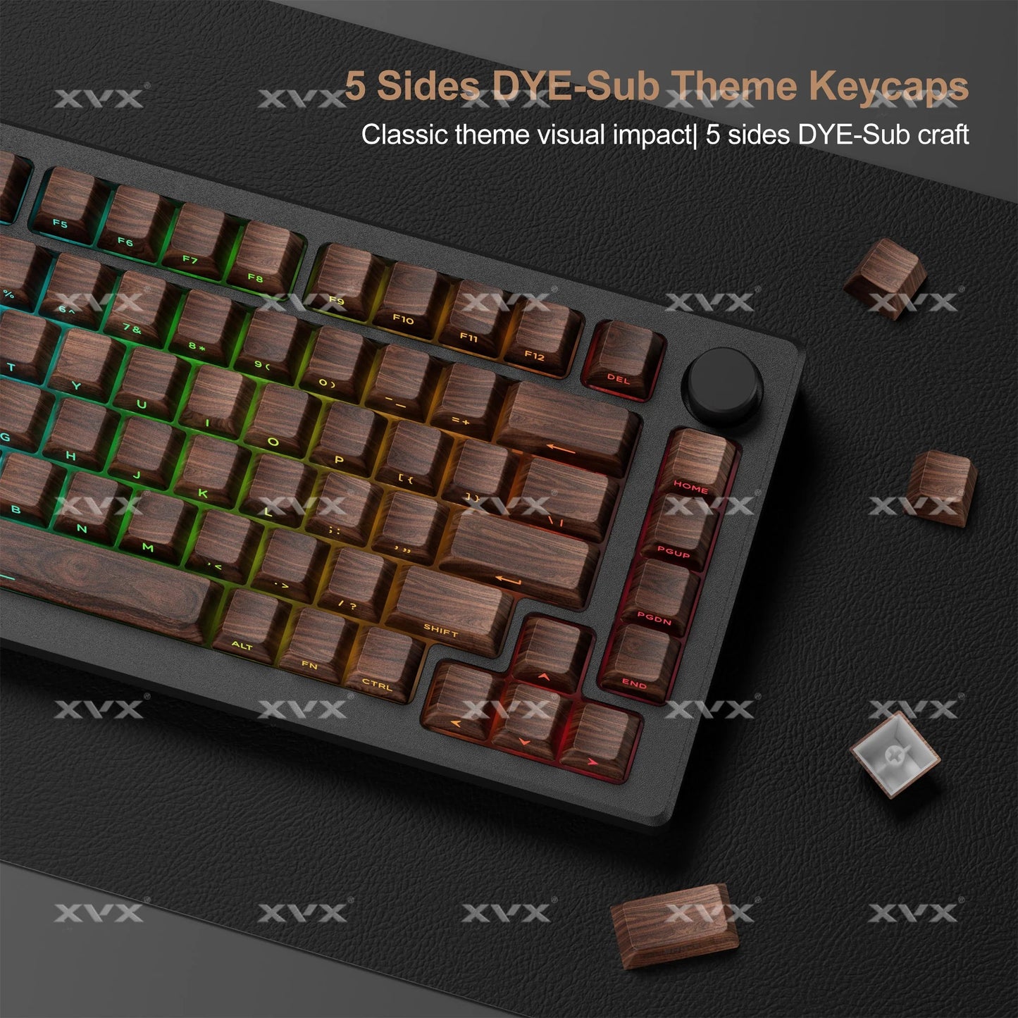 Walnut brown keycap set on black tray with 5-side dye-sub legends