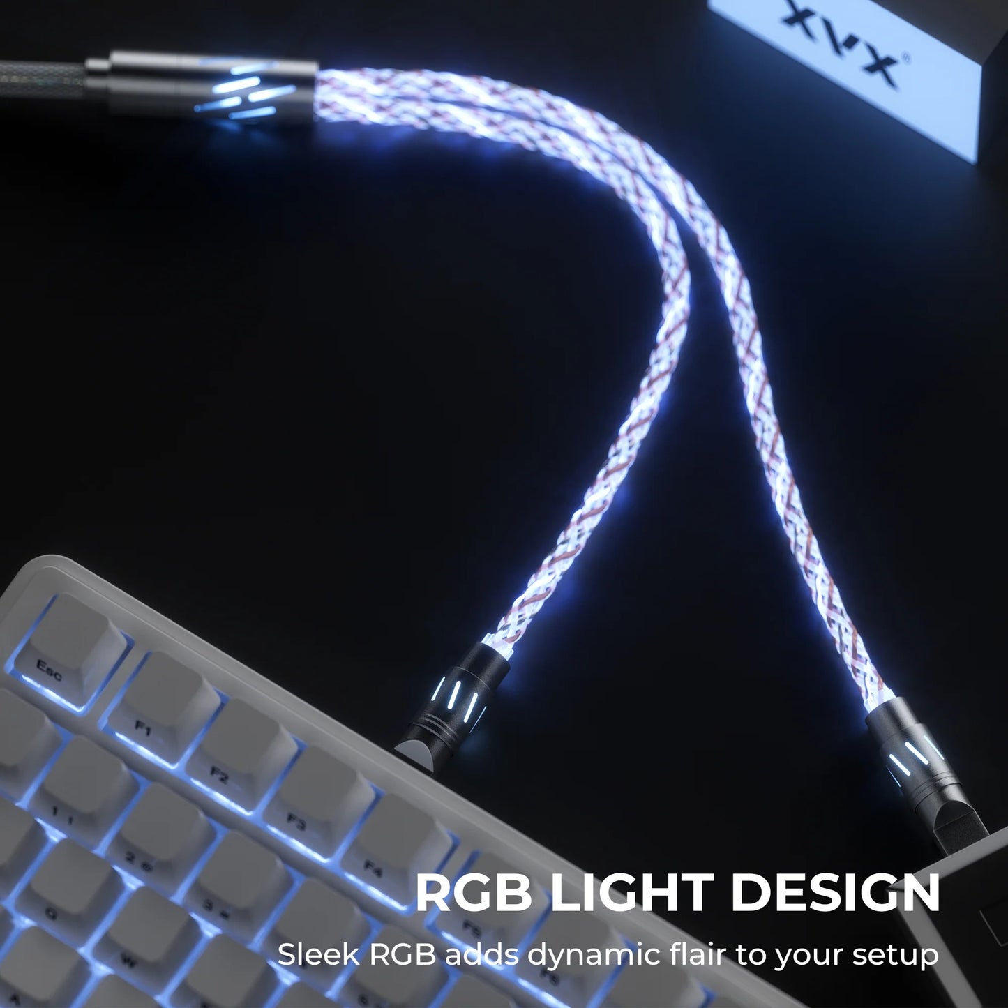 1-to-2 split fabric cable with braided cord and metallic connector ends for a keyboard
