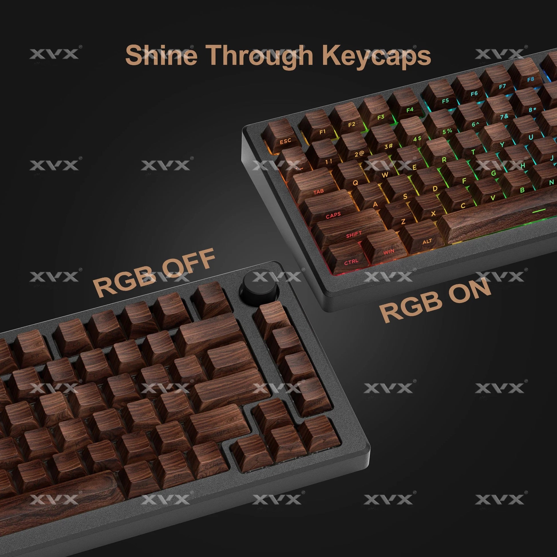 Walnut brown keycap set on dark tray with RGB on/off key area