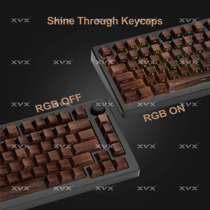 Walnut brown keycap set on dark tray with RGB on/off key area