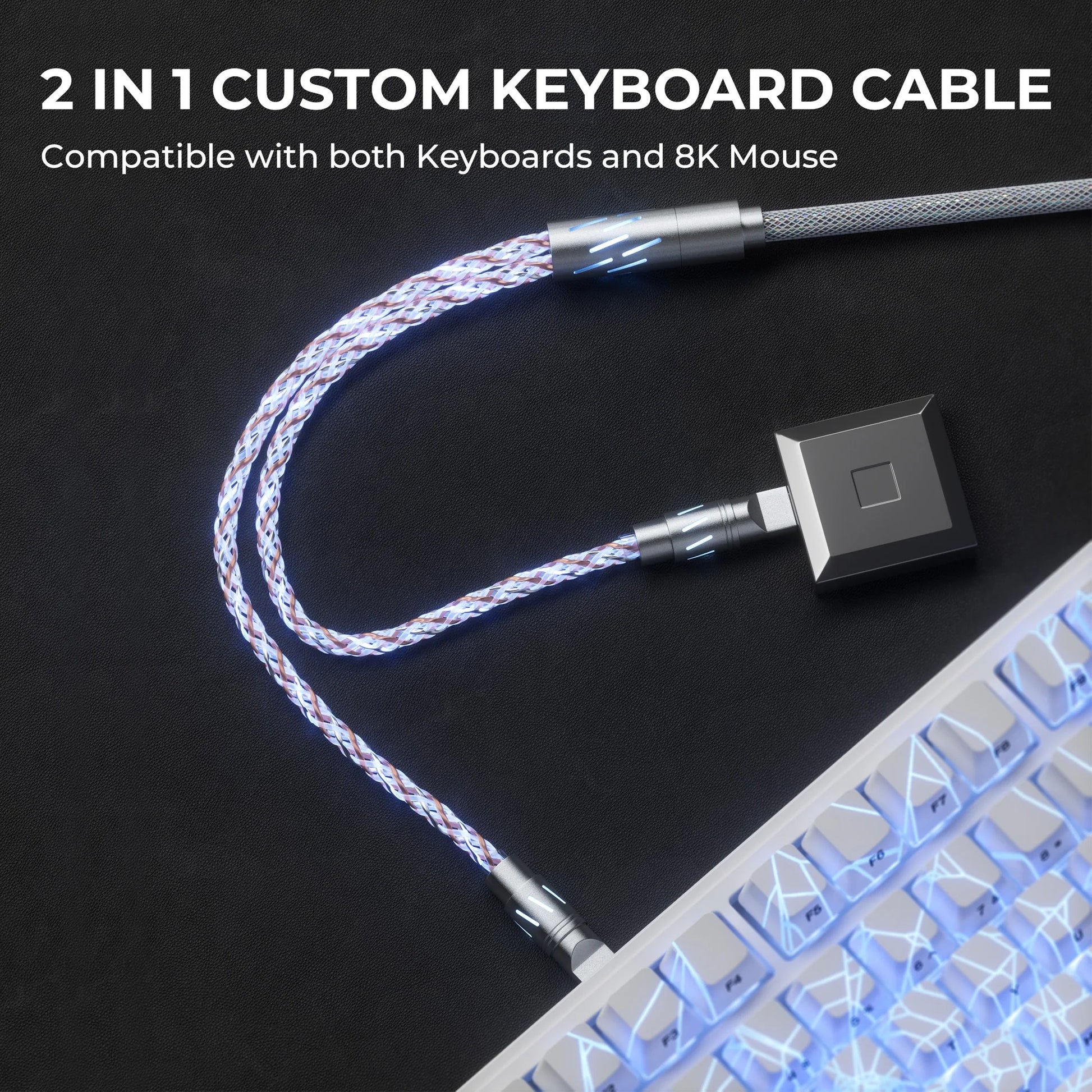 1-to-2 split fabric cable with braided cord and silver square plug connectors