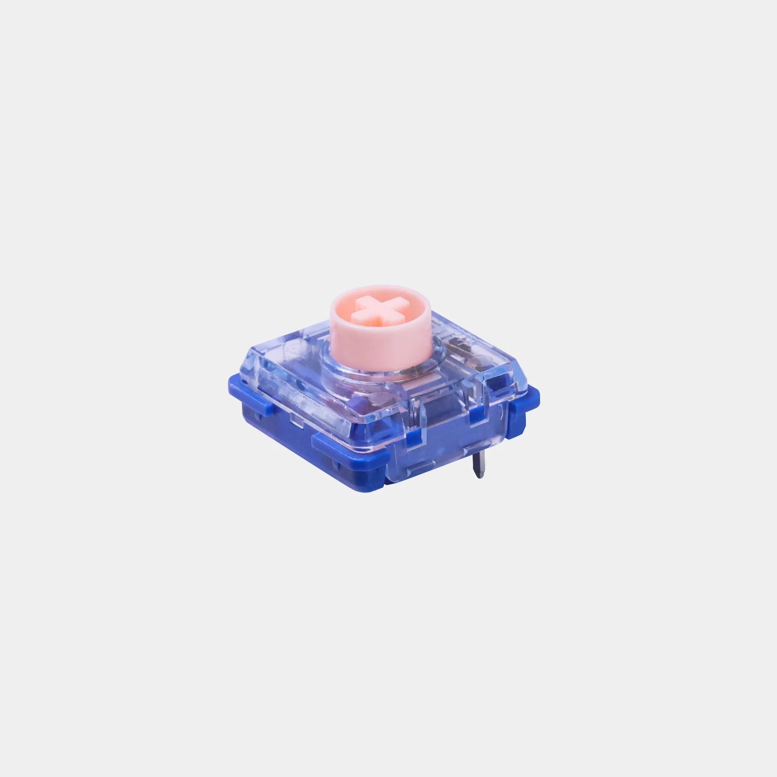 Low profile mechanical key switch with clear blue housing and light pink cross stem