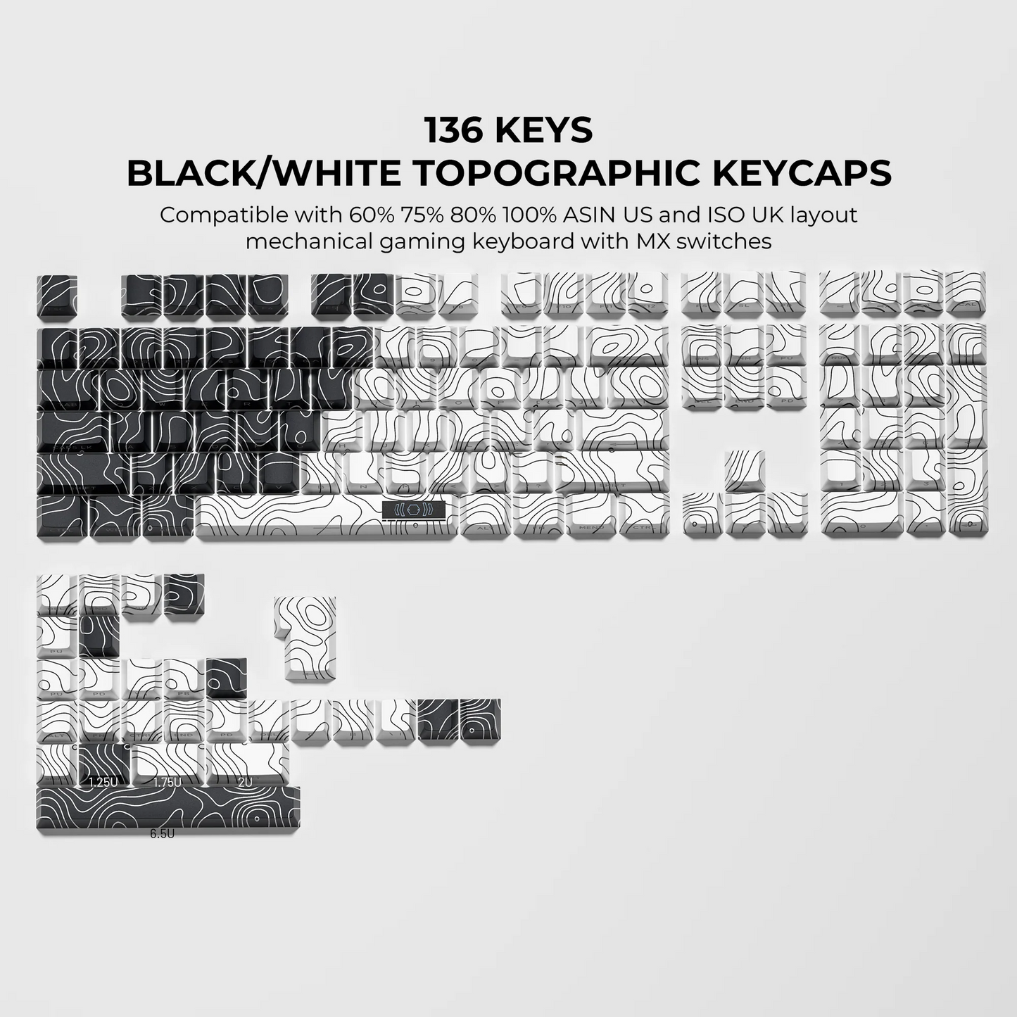 Black and white topographic keycaps, 136-key set layout in grid blocks