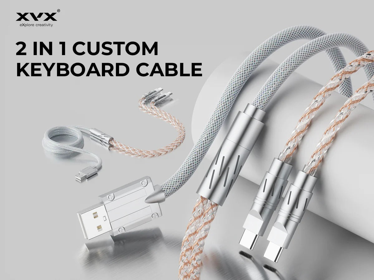 1-to-2 split fabric cable kit with braided cord and silver USB adapter connectors