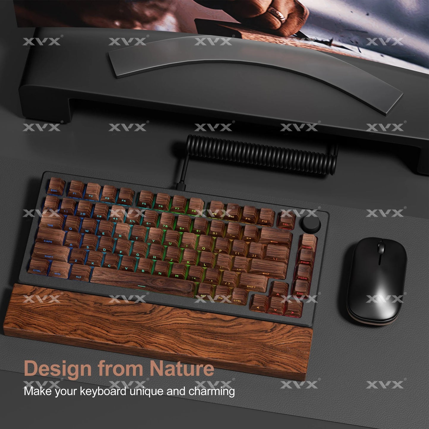 Walnut brown keycap set in open tray with stacked sculpted key rows