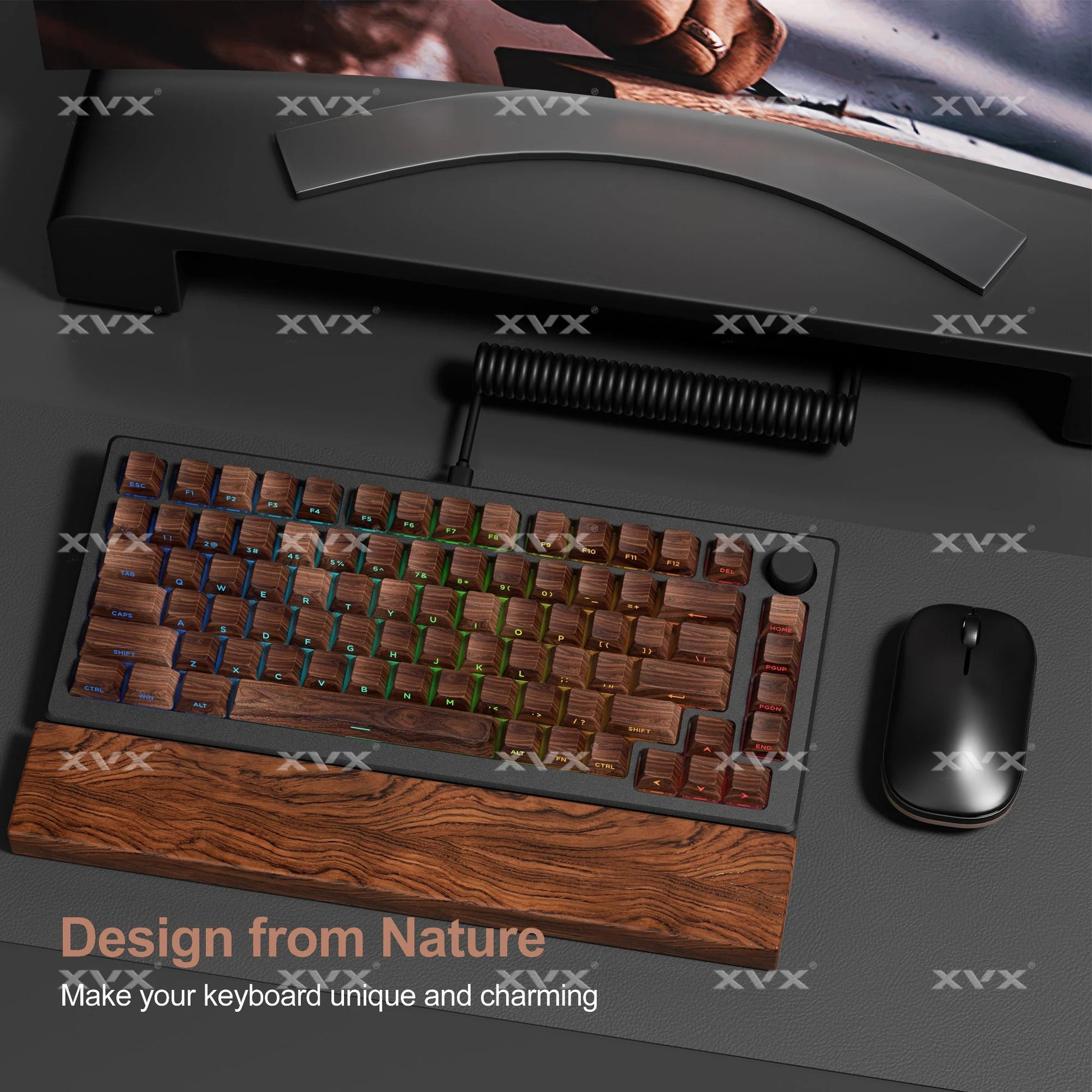 Walnut brown keycap set in open tray with stacked sculpted key rows
