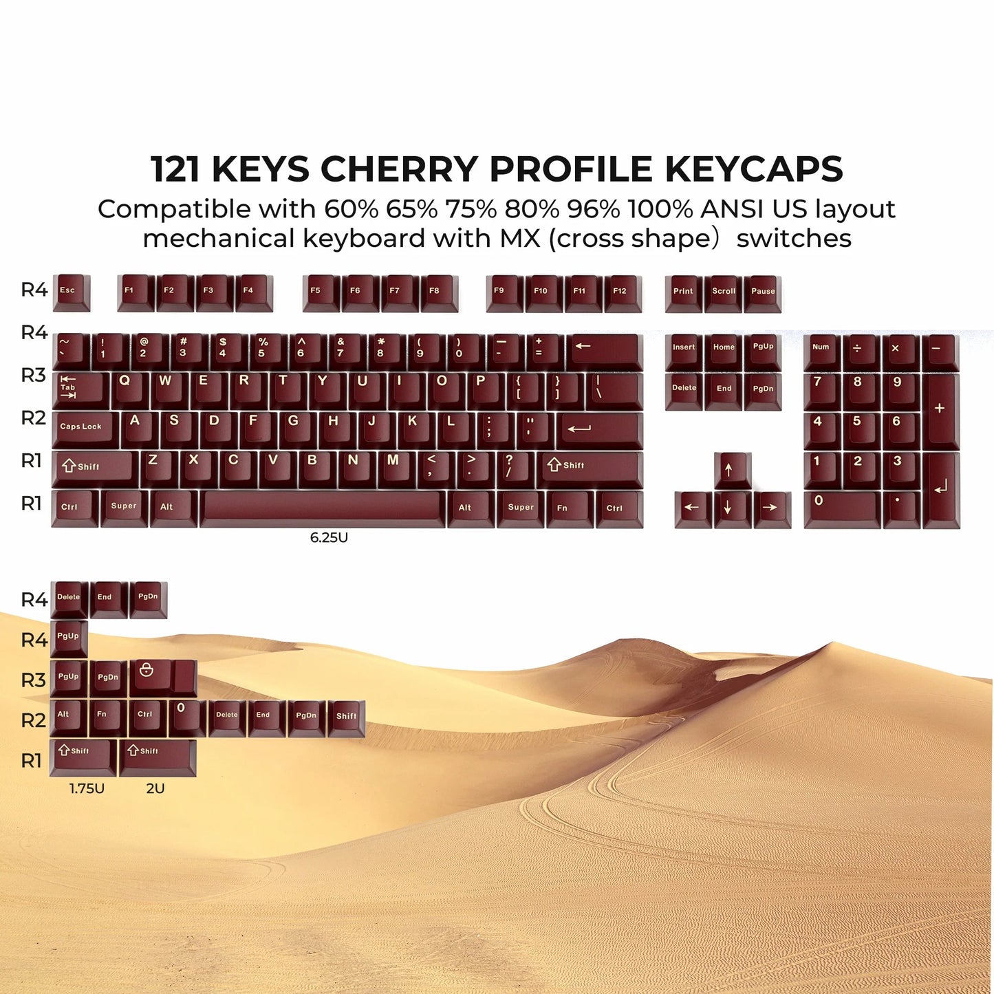 Cherry profile keycaps layout diagram with dark maroon caps and white lettering