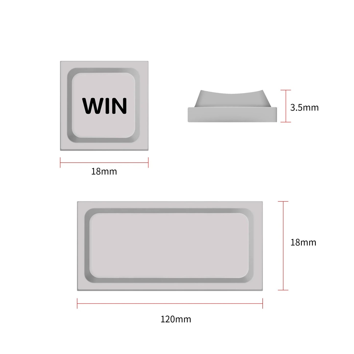 Low-profile keycap diagram with WIN key, 18mm height and 120mm width