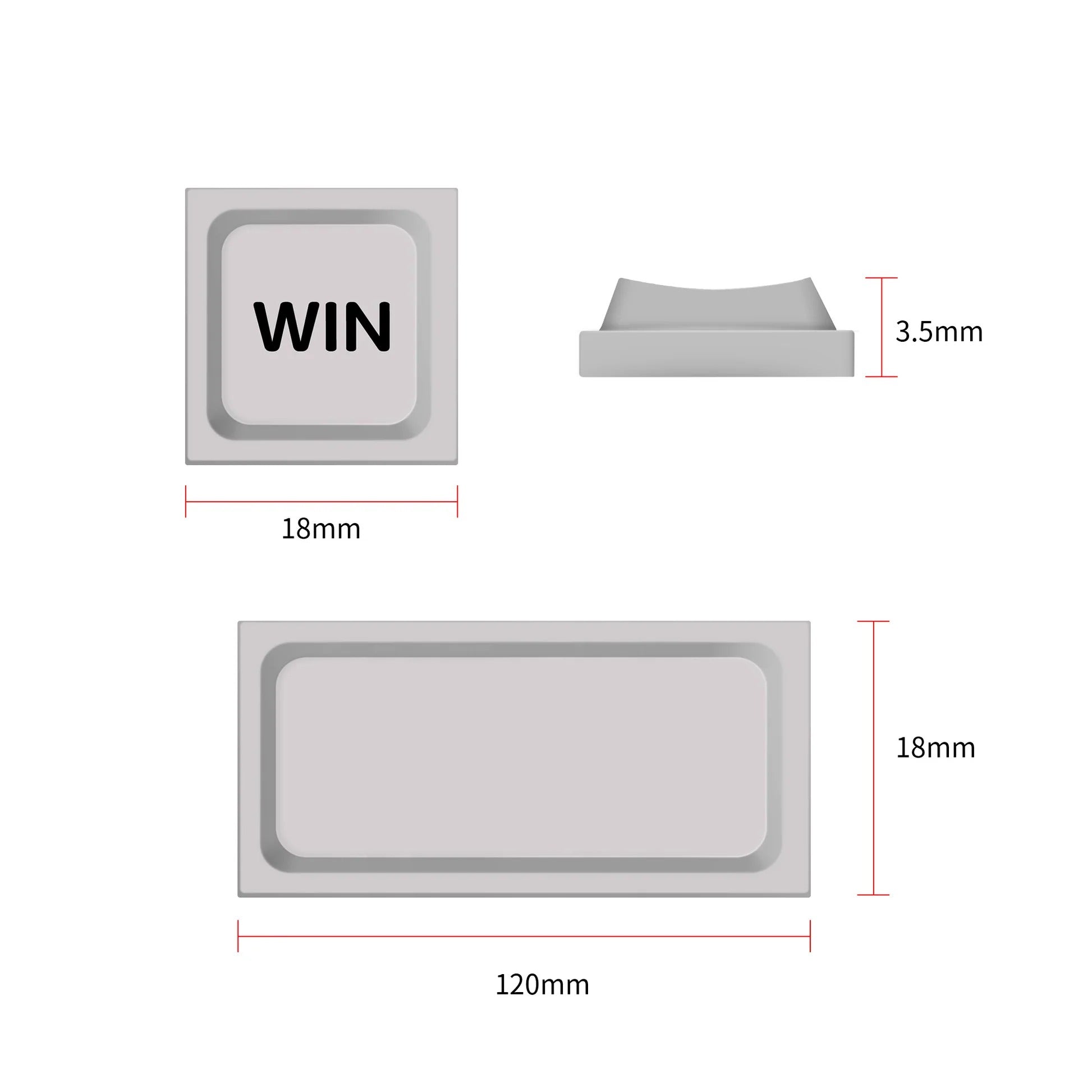 Low-profile keycap diagram with WIN key, 18mm height and 120mm width